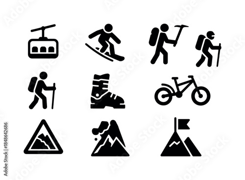 Mountain Sports Icons. Mountain sports adventures. Filled icon set of mountain sports adventures: ski lift,