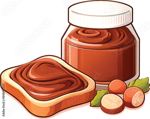 Delicious chocolate spread on toast with hazelnuts