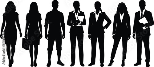 Business team silhouettes professional men and women standing together corporate workforce leadership diversity success isolated black white illustration concept