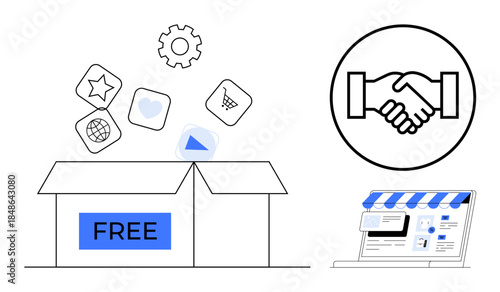 Free digital tools. Open box with free app icons s free digital tools. Free digital tools enhance collaboration and online marketplace functionality. For business, technology, marketing, startups