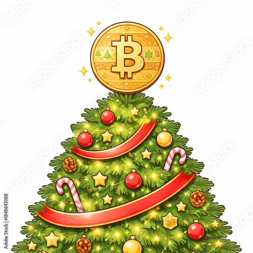 Cryptocurrency Christmas Cheer: A whimsical illustration merges the festive spirit of Christmas with the modern concept of digital currency.