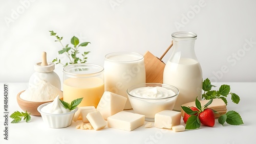 Assortment of fresh dairy products, beautifully arranged for a wholesome and appetizing display.