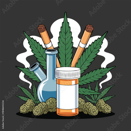 Cannabis Leaves with Pills and Laboratory Glassware Still Life.