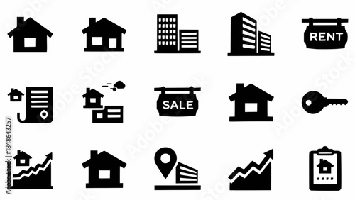 A professional real estate icons set featuring vector illustrations of house and building symbols for residential property, urban architecture, and business construction design