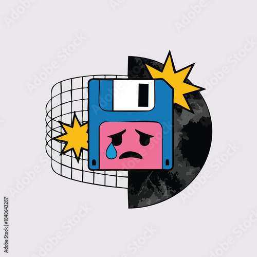 Cartoon Sad Floppy Disk with Crying Face.