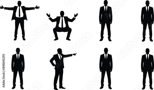 Businessman silhouettes in suit set, corporate male figures standing gesturing and presenting, professional leadership illustration collection isolated on white background