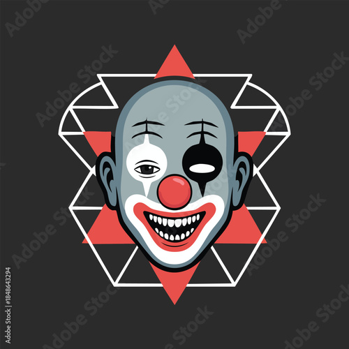 Clown Face Portrait With Red Nose And Painted Smile.