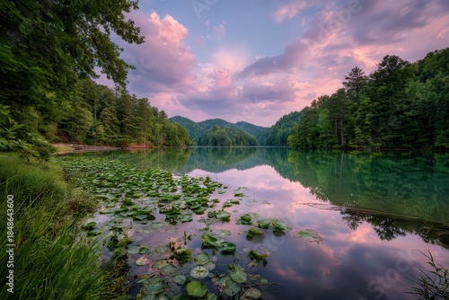 Lake Reflections Amidst Lush Greenery and Pink Sunset Sky Tranquil Scenery With Vivid Colors Calm Water Lily Pads and Verdant Trees