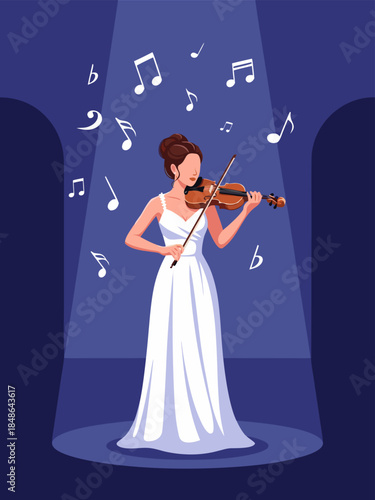 A woman in a white dress plays the violin on a stage with musical notes floating around her.