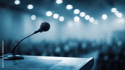 Microphone on Stage in a Blue Tone Hall with Defocused Audience for Presentation Speech or Performance Concert