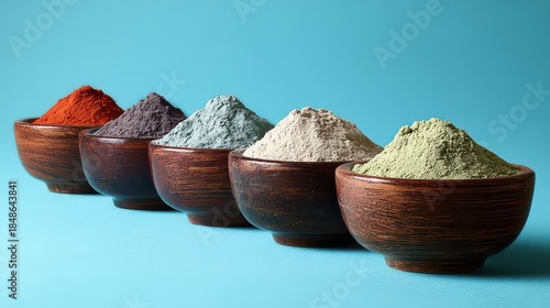 Rustic Bowls of Colorful Spices on Teal Background with Soft Natural Lighting and Textured Wooden Bowls Filled with Various Aromatic Seasonings