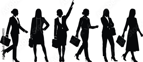 Businesswoman silhouettes walking and gesturing, confident female professionals with briefcases, corporate leadership and modern office lifestyle illustration set