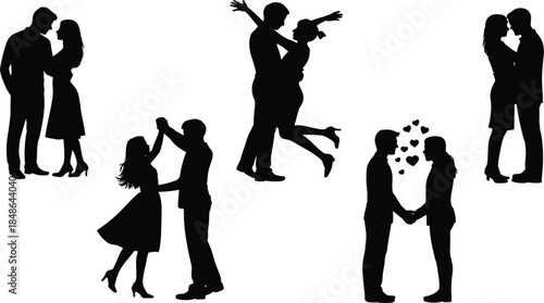 Set of romantic couple silhouettes in various loving poses, wedding and Valentine's Day vector illustration