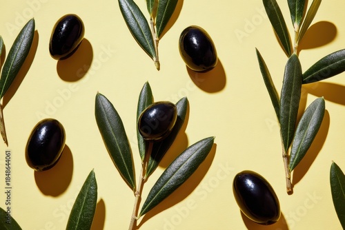 Scattered Black Olives with Green Leaves on Yellow Textured Background in Bright Studio Lighting