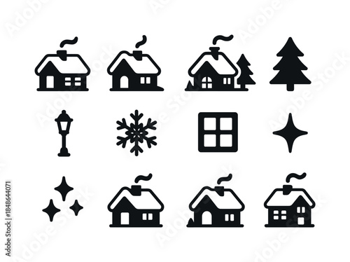 Snow Camp Tool Icons. Snow camp tools. Filled icon set of snow camp tools: dome tent, gear backpack, cozy