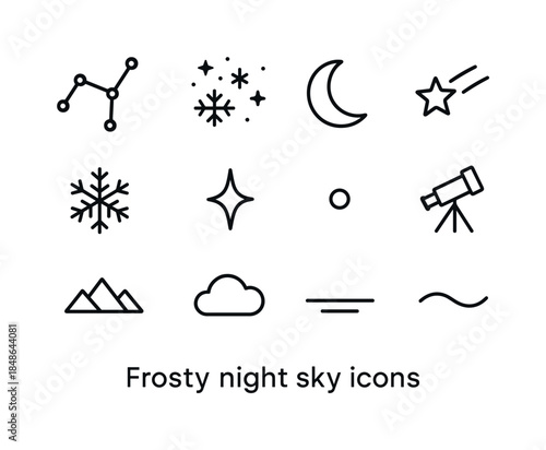 Frozen Forest Icons. Frozen forest trail icons. Line outline icon set of Frozen forest trail icons: hiker icon