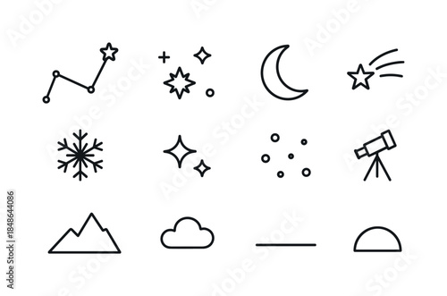 Forest Trekking Icons. Forest winter trekking. Line outline icon set of Forest winter trekking: hiker figure,