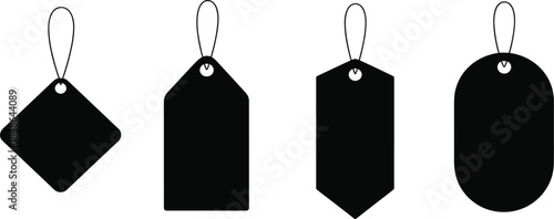 Set of black price tag silhouettes in various geometric shapes, blank product label vector illustration for retail and sales