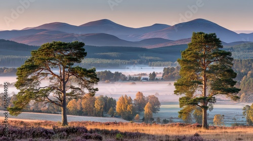 Scenic Landscape with Two Pine Trees on Hillside at Dawn with Mist and Distant Mountains