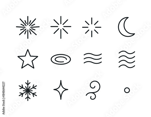 Winter Symmetry Icons. Winter symmetry icons. Line outline icon set of Winter symmetry icons: hex snowflake,