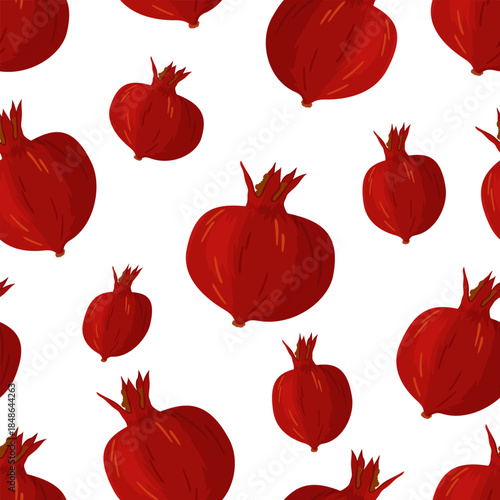 Bold red pomegranates repeat across a white background in this seamless pattern. A vibrant and fruity design ideal for food packaging, textiles.