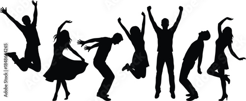 Celebration silhouettes, joyful poses, dancing figures, expressive movement, festive energy, black artwork, white background, youth freedom, artistic gesture, dynamic scene