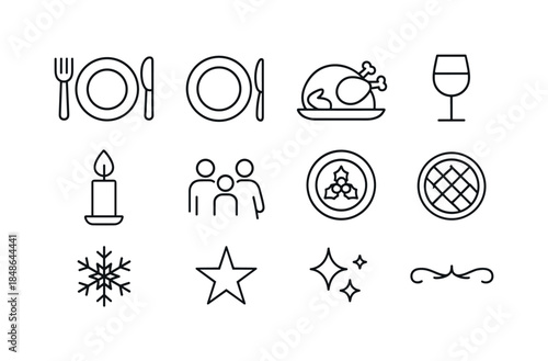 Dinner Celebration Icons. Dinner celebration tableware. Filled icon set of dinner celebration tableware: flat