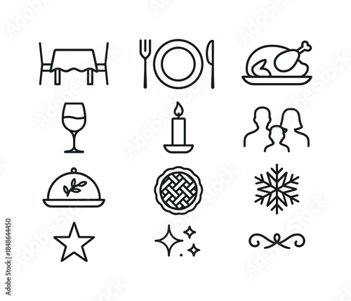Festive Tableware Icons. Holiday tableware prepared for festive dinner. Filled icon set of holiday tableware