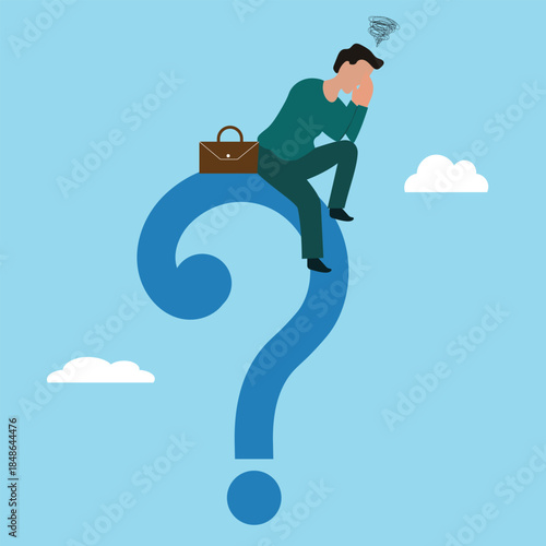 Demotivation from failure, Demotivation businessman sit on questionmark. Mistake or negative feedback. Failure or depression, stress, anxiety on failure concept. Mental breakdown or depression concept