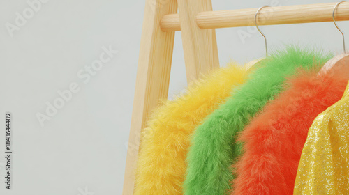 Colorful feather boas and sparkly garment hanging on wooden rack for festive occasions. Vibrant feather boas in yellow, green, orange, alongside sequined outfit, are displayed on simple wooden rack
