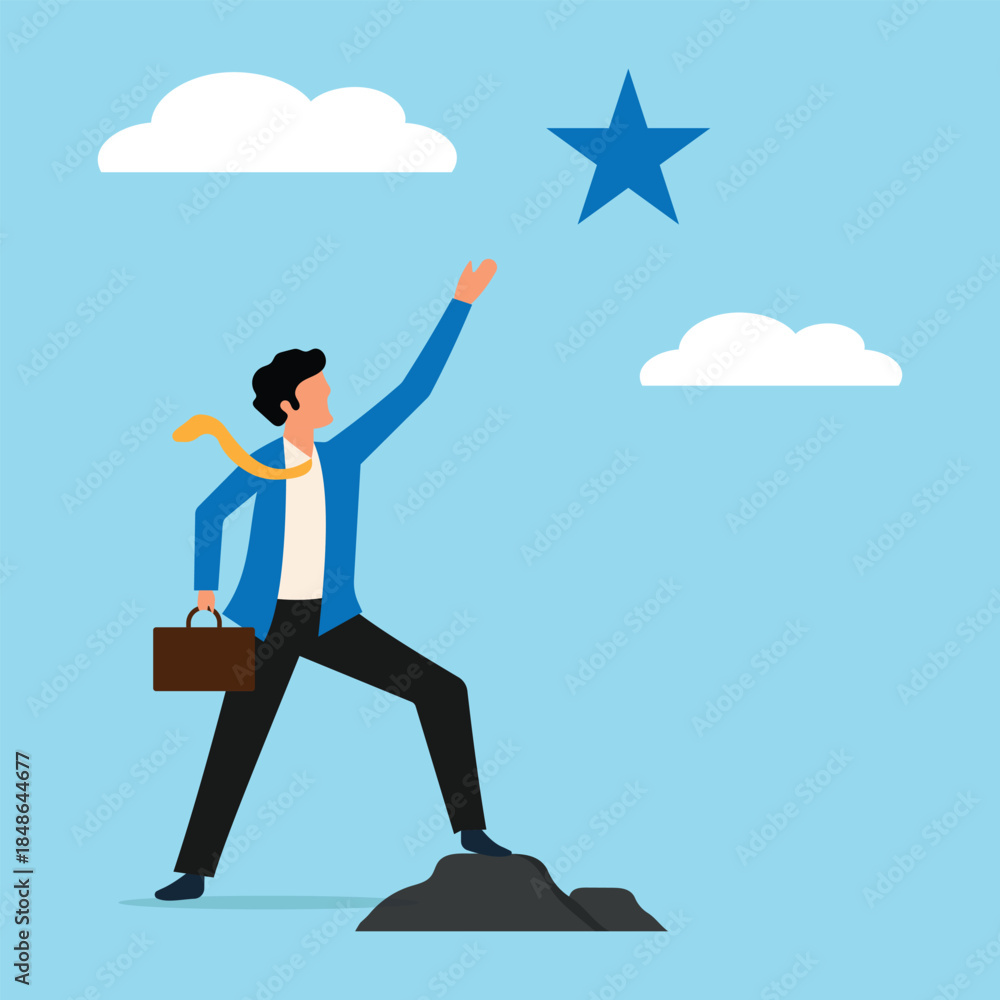 Obraz premium Businessman reach to star, Businessman running on cloud. Success ladder to reach goal, achievement or opportunity, employee reach career success, woman leadership,