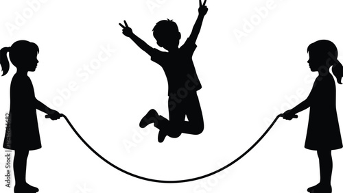 Children silhouettes playing jump rope showing joyful kids teamwork outdoor play activity black white illustration set