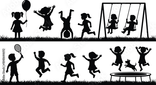 Children silhouettes playing outdoors at playground with swings trampoline balloon running jumping and dog joyful childhood illustration set