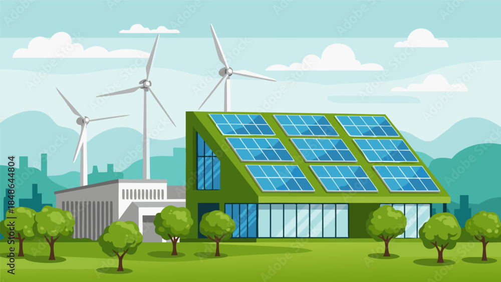 Obraz premium A modern green building with solar panels and wind turbines in a scenic landscape, representing renewable energy.