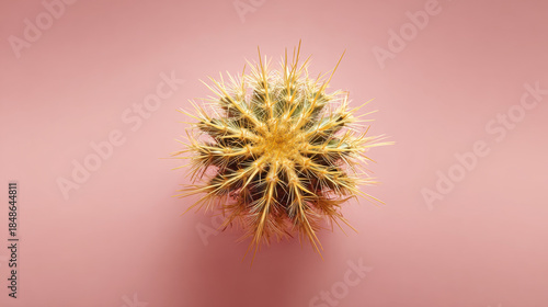 Golden spiky barrel cactus viewed from above on a soft pink background. Single, round, golden-spined barrel cactus is centered against plain pink backdrop, showcasing its sharp needles ribbed texture