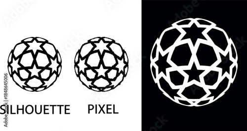 Minimalist white vector logo of a sphere constructed from interconnected stars soccer ball pixel