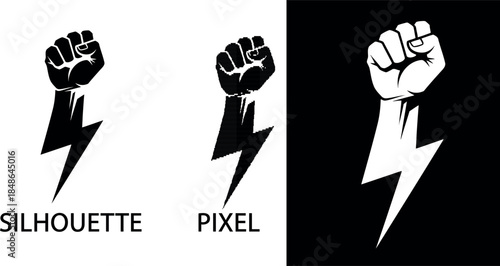 A clenched fist transforms into a striking lightning bolt with pixel icon 