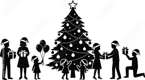 Christmas silhouette, festive tree, family celebration, Santa hats, gift exchange, holiday joy, winter scene, black artwork, seasonal tradition, white background