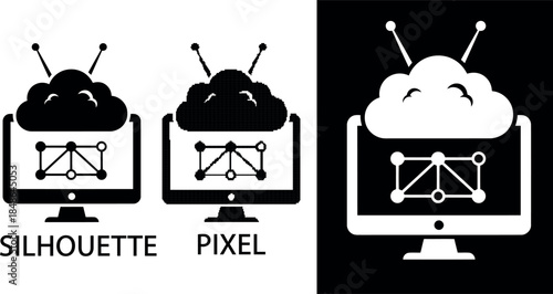 Cloud computing and pixel icon featuring a monitor cloud antennas and network nodes
