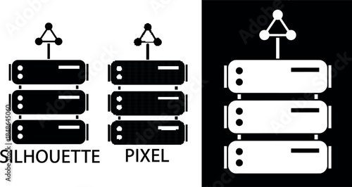 A simple flat vector with pixel icon depicting a black server rack on white