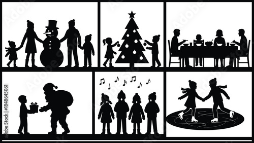 Christmas silhouette, festive family scenes, decorating tree, Santa gift, caroling, ice skating, snowman, holiday joy, winter celebration, black illustration