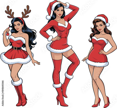 Set of beautiful women in festive Santa outfits, Christmas pin-up style vector illustration for holiday celebration