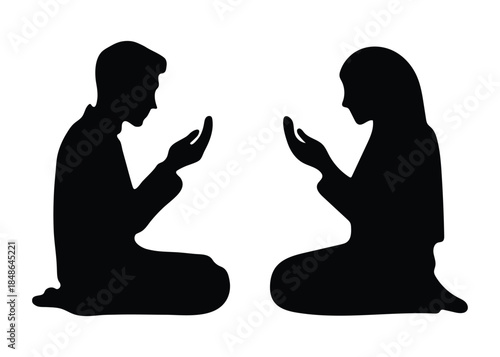 Muslim Couple Praying Silhouette Illustration in Black Flat Vector Style for Islamic Faith and Worship Design