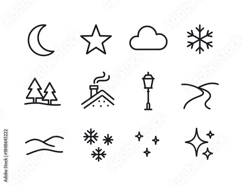 Winter Night Icons. Calm winter night atmosphere. Line outline icon set of Calm winter night atmosphere: