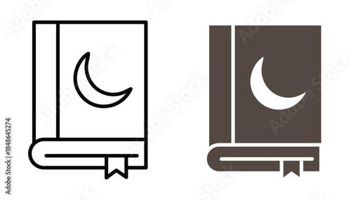 Islamic Quran Book Icon Set with Crescent Moon in Outline and Solid Vector Style for Religious Design