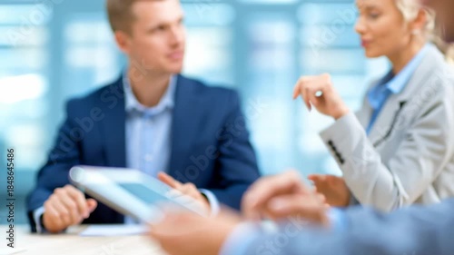 Hands holding tablet during business meeting showing digital communication technology with blurred business person background