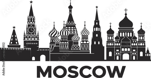 Moscow skyline silhouette with Red Square and Saint Basil's Cathedral, Russian landmark vector illustration for travel design