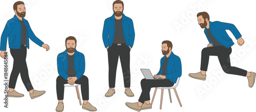 Set of professional men in blue jackets in various daily life poses, flat character design vector illustration for business and lifestyle