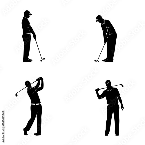 Minimal black golf player icons in a flat, filled vector style. Ideal for sports apps, golf websites, scorecards, UI/UX design, fitness projects, and modern icon sets.
