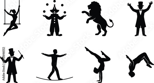 Circus performance silhouettes set featuring acrobats clown lion tamer ringmaster tightrope walker aerial swing black white illustration